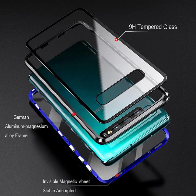 Двойное магнитное закаленное стекло металлический каркас чехол для телефона для samsung Note 8, 9, 10, S8 S9 S10 S10E м Sereies A7 A8 A9 плюс A80