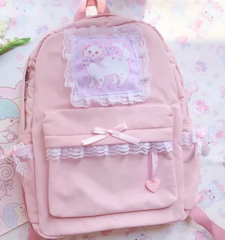 

Origional Self-Made Japanese-style SOFT Girl Pink Cute CAT Lace Bow Lolita Nylon Backpack School Bag