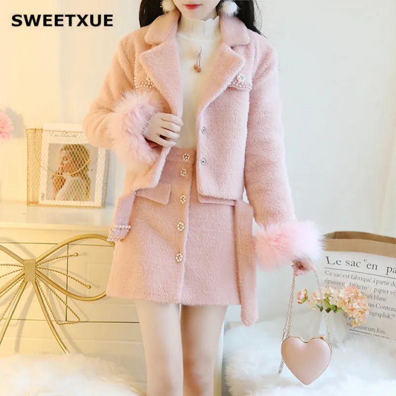 SWEETXUE осень-зима пух из двух частей комплект лацкан и пояс короткая куртка + шорты
