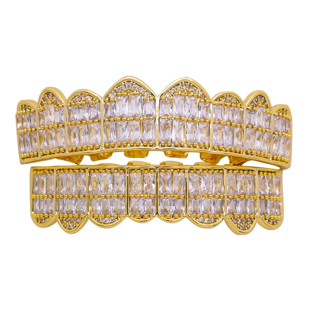 Gold Set В Стиле Хип-хоп ЗУБЫ GRILLZ Gold серебро Цвет со льдом из кубического циркония полного D зуб грили набор Подвески для Для мужчин Для женщин ювелирные подарки - Окраска металла: Gold Set