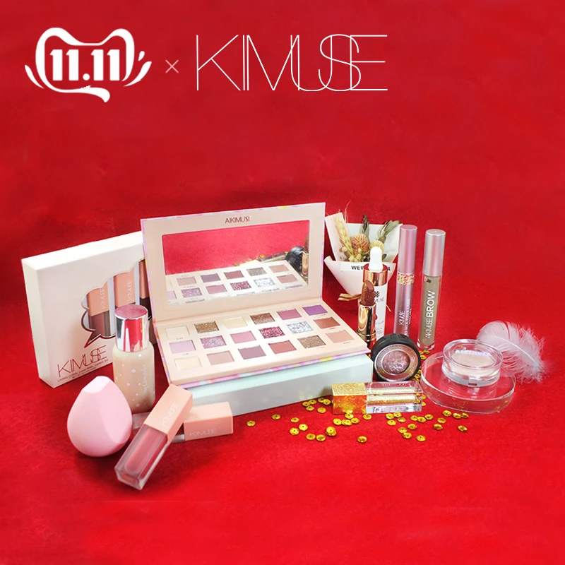 

KIMUSE 11 Pcs Makeup Set Eyeshadow Highlighter Foundation Eyebrow Gel Mascara Lipstick Set 24K Rose Essential Oil For Women Gift
