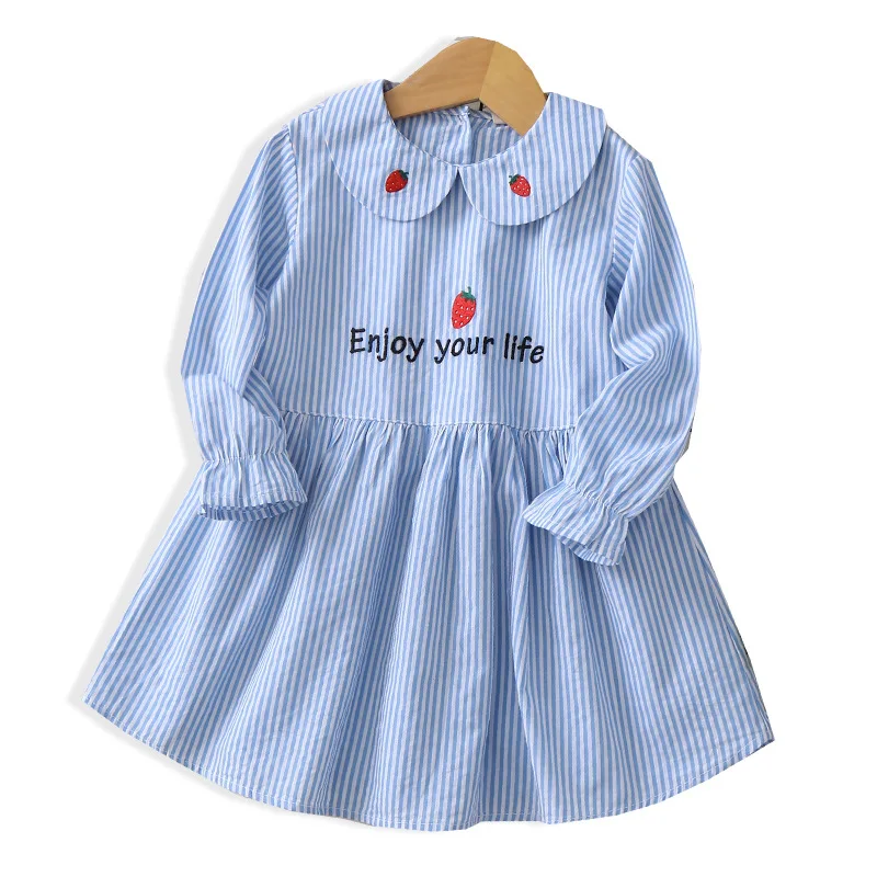 Весеннее платье для девочек детское платье принцессы в полоску с длинными рукавами и буквенным принтом клубники
