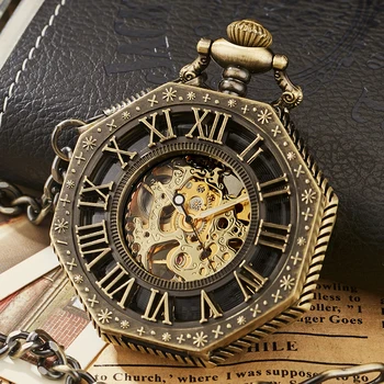 

Creative Mechanical Pocket Watch Hollow Hexagonal Roman Numerals FOB Chain Steampunk Full Steel Hand-winding Pocket Watches Gift