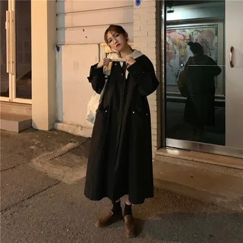 

Spliced Long Casual Women's Windbreaker Korean Style Single Breasted Black Female Trench Coat Casaco Feminino