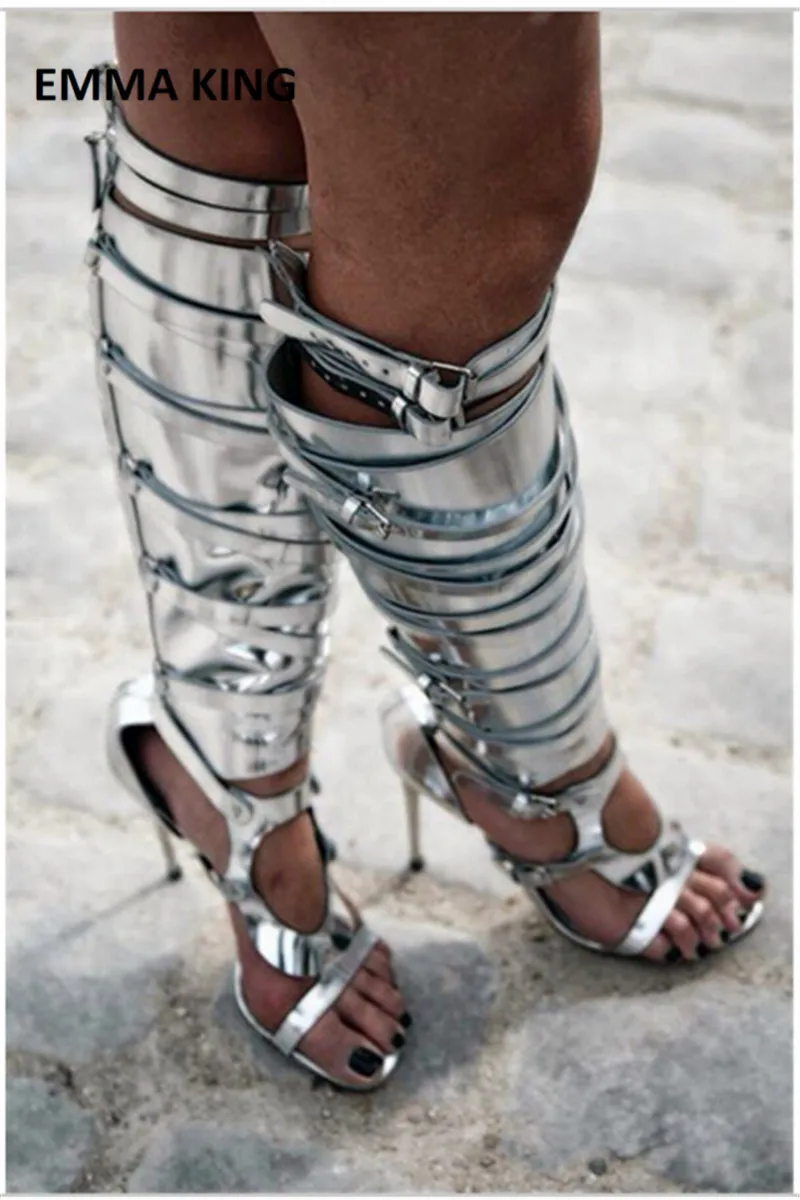 

2021 Summer Women Gladiator Sandals Boots Golden Silver Buckles Knight Boots Ladies Hollow Out Thin High Heels Booties Woman