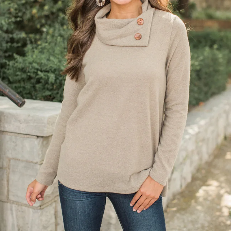 

Fall and Winter Fashion High-collar Pure-color Long-sleeved Ladies'Wear 2019 White Khaki Grey Black Women Pullover Sweatshirt