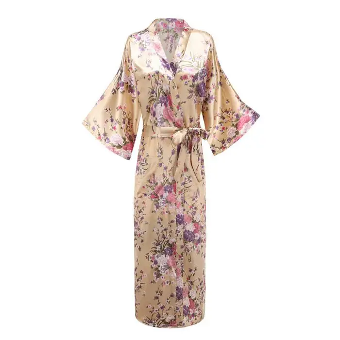 Женская пижама размера плюс 3XL 4XL, Атласный халат с цветочным принтом, новинка, кимоно, ночная рубашка, сексуальное интимное белье, домашняя одежда - Цвет: Gold C