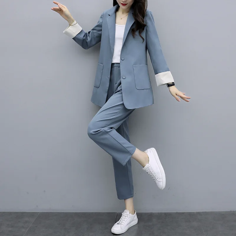 

Suit female 2020 spring and autumn new coat large size suit nine-point pants two-piece set solid color was thin women's clothing