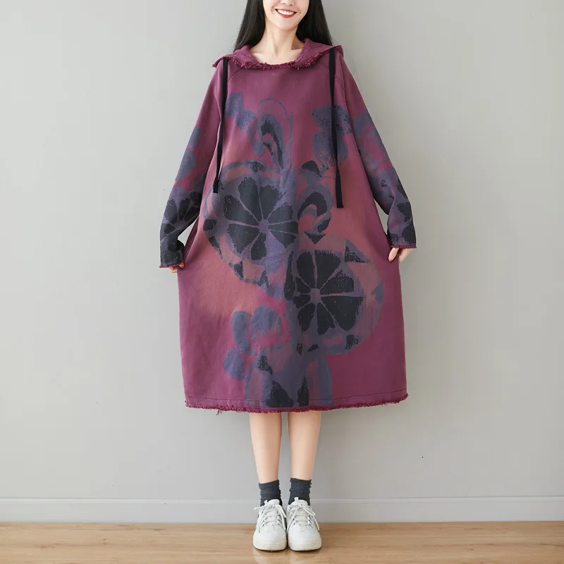 Baggy Hooded Pullovers Women Loose Cotton Oversized Drawstring Tops Japanese style Big Size Knitted cowboy print Sweatshirt | Женская