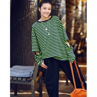 green T8661 корейский цвет в полоску оверсайз тонкий круглый воротник длинный рукав универсальная Осенняя большая футболка для девочек - Цвет: green