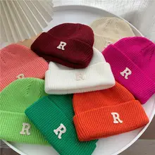 

New The Letter R Women's Knitted Hat Autumn Winter Men Women All-match To Keep Warm Plush Hats No Brim Couple Cap Fashion Hood