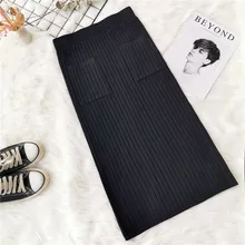 Ретро карман универсальная полоса с разрезом и высокой талией Твердые трикотажные юбки новые женские зимние осенние модные повседневные женские элегантные