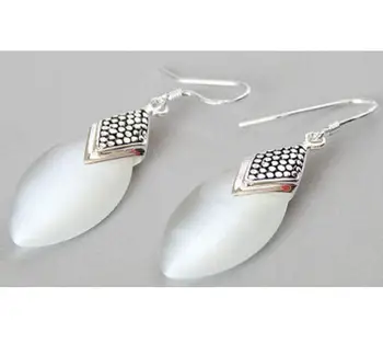 

Jewelry Free Shipping PRETTY WHITE CAT EYE STONE 925 STERLING SILVER DANGLE HOOK EARRINGS