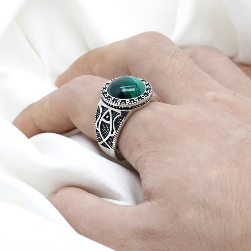 Natural stone pure 925 sterling silver antique Turkish ring, malachite men's agate color punk rock jewelry