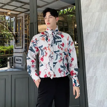 

Men Long Sleeve Ruffled Stand Collar Loose Casual Floral Shirt Male Streetwear Party Dress Shirts Stage Show Costumes