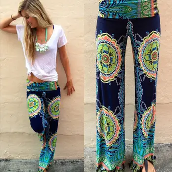 

Women Ladies Fashion Style Boho Floral Printing Summer Yoga Wid-Leg Pants Casual Loose Beach Wear Palazzo Straight Leg Trousers