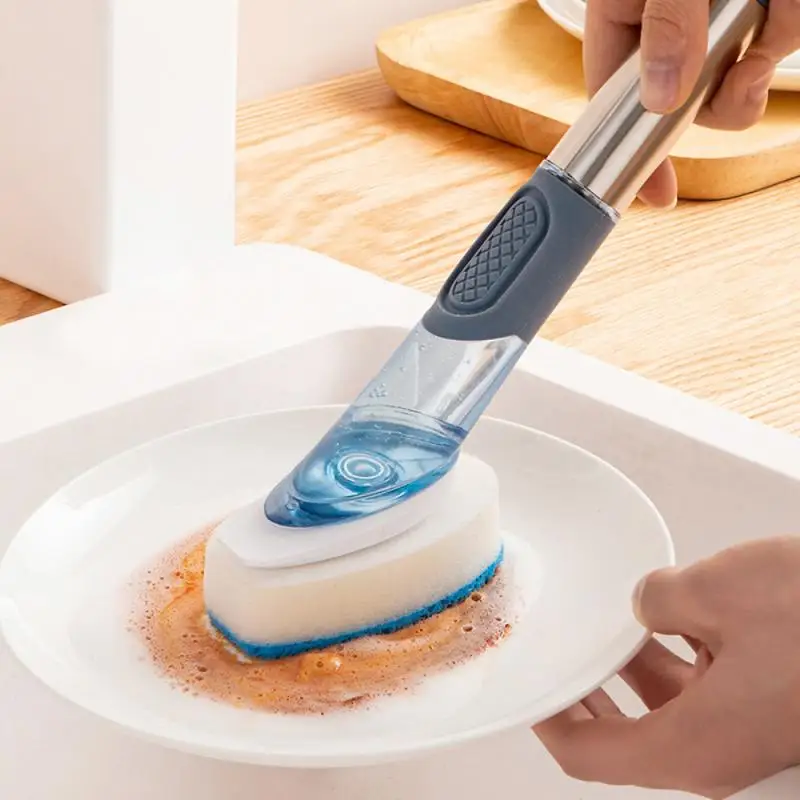 4 In 1 Removable Kitchen Cleaning Brush Long Handle Cleaing with Sponge Dispenser Dish Tools | Дом и сад
