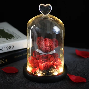 

Eternal Preserved Fresh Rose Lovely Teddy Bear Molding LED Light In A Flask Immortal Rose Valentine's Day Mother's Day Gifts
