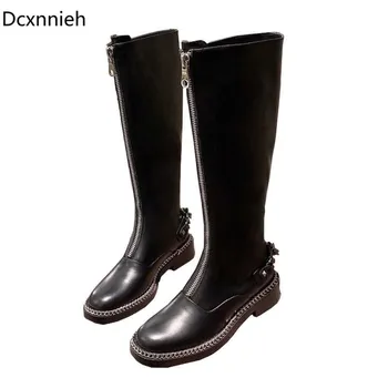 

Genuine Leather Front Zip Demonia Boots For Women Metal Chain Western Style Martin Bota Fashion Lolita Knee High Booties 2020