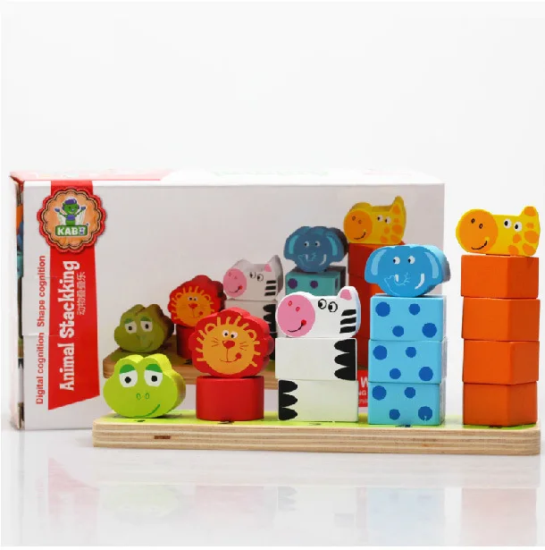 디지털인지 모양 인식 동물 스태킹 나무 아기 유아 교육 만화 동물 빌딩 블록 장난감
