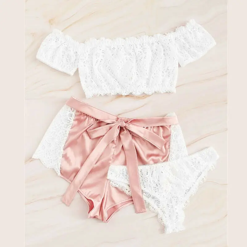 Розовый 3 шт. женские кружевные пикантные пижамные наборы Babydoll дамское белье короткий топ бюстгальтер стринги Нижнее белье Ночное белье женский пижамный комплект для вечеринок - Цвет: Розовый