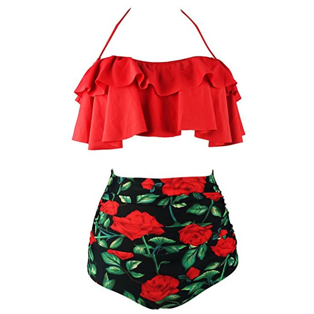 Комплект бикини, купальник с двойными оборками, женский сексуальный купальник с открытыми плечами, высокая талия, одежда для плавания, пляжные купальники размера плюс 3XL - Цвет: red floral bath suit