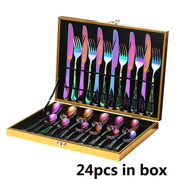 

24pcs Rainbow Tableware Flatware Set Non-fading Colorful Cutlery Sets 18/10 Stainless Steel Dinnerware Dinner Kitchen Home Gift