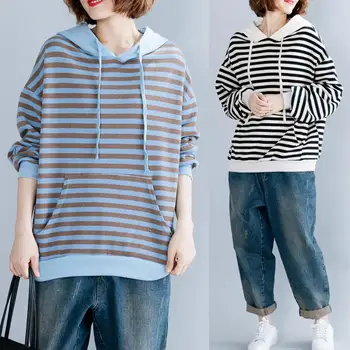

Women Spring Autumn Fashion Korea Style Cotton Minimalism Striped Hooded Oversized Sweatshirts Office Lady Casual Loose Clothes