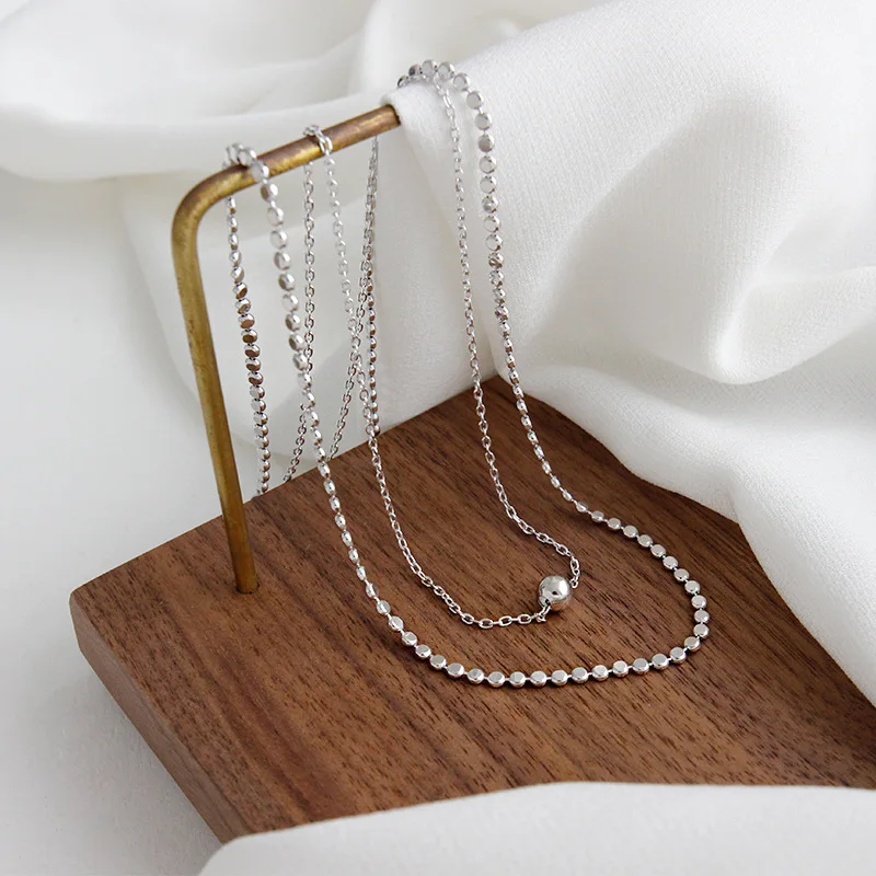 

SHANICE INS 925 Sterling Silver Choker Necklace Temperament small flat beads cross chain double beads double layers chain Femme