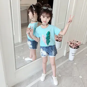 

Baby Girls Clothing Sets Summer Two Piece Suit Short Sleeve Tshirt Top + Denim Shorts Children Fashion Girls Flower Clothes Suit