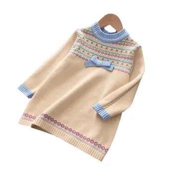 

Baby Girls Flowers Pattern Dress New Fashion Girls Knitted Straight Dresses Children Autumn Bow Sweet Party Suit Girls Clothing