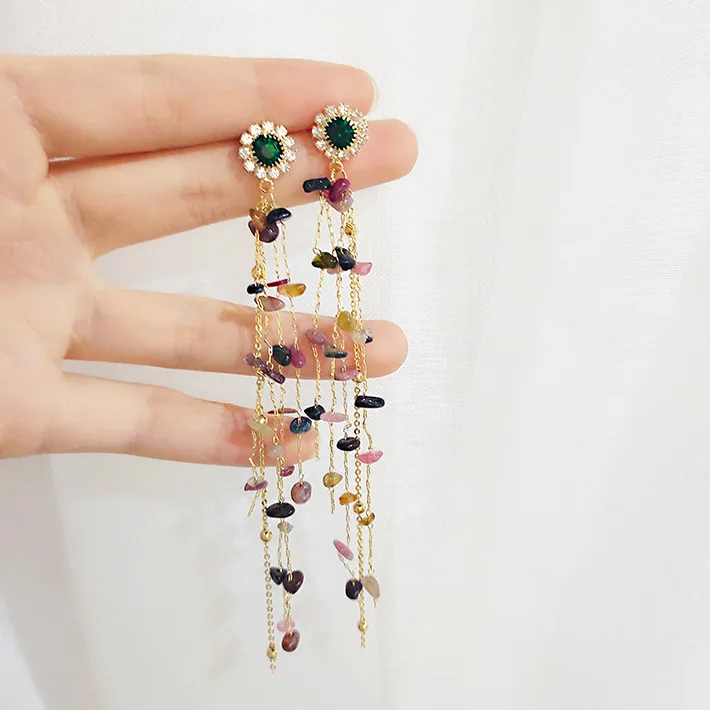 Dominated personality fashion crystal flower Long metal tassels design Multicolor resin molding Women Drop earrings jewelry