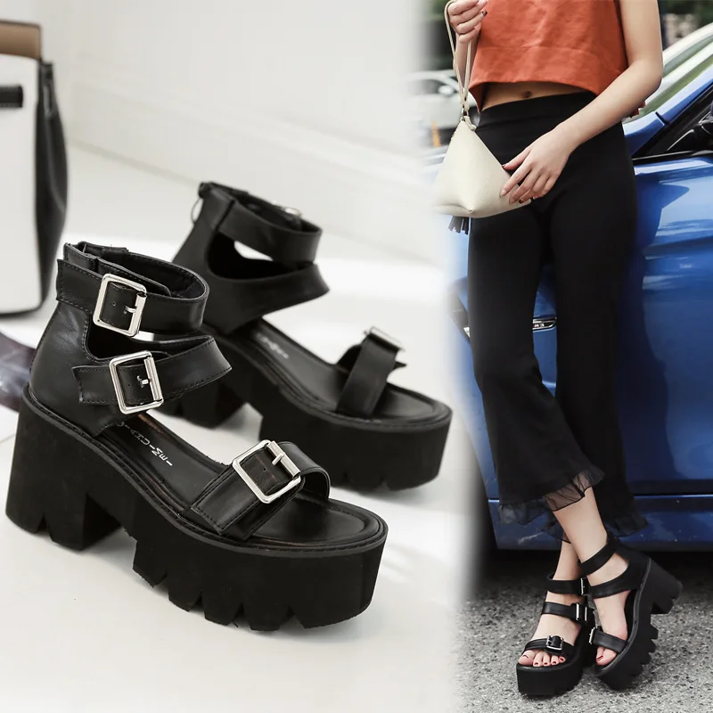 Fashion Women Sandals High Thick Heel Open Toe Buckle Strap Platform Shoes Female Black Simple Design Unique Shoes