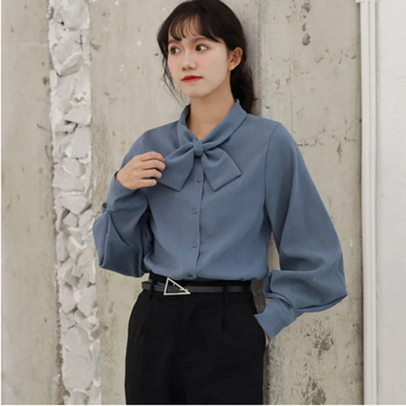 

2020 autumn bow-collared vintage tops in solid color long sleeve shirt careful machine feeling big puff sleeve shirts female