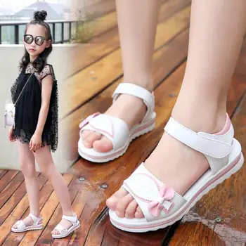 

Student Open toe sandals Korean version new summer fashion princess shoes large kids leaves bow girls Beach sandals