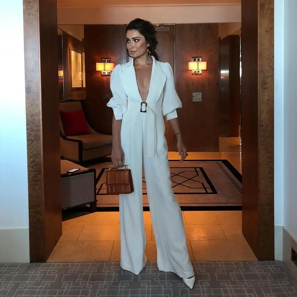 

Women Jumpsuit 2019 Autumn Winter White Deep V-Neck Sexy Jumpsuit Female Mid-Sleeve Lapel Puff Sleeve Office Lady Party Jumpsuit