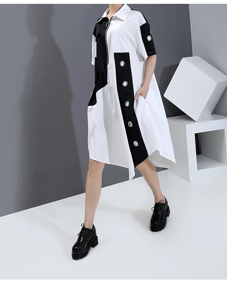 New Fashion Unique Style Tide Shirt Dress Zipper Pocket Patchwork Plus Size Dresses