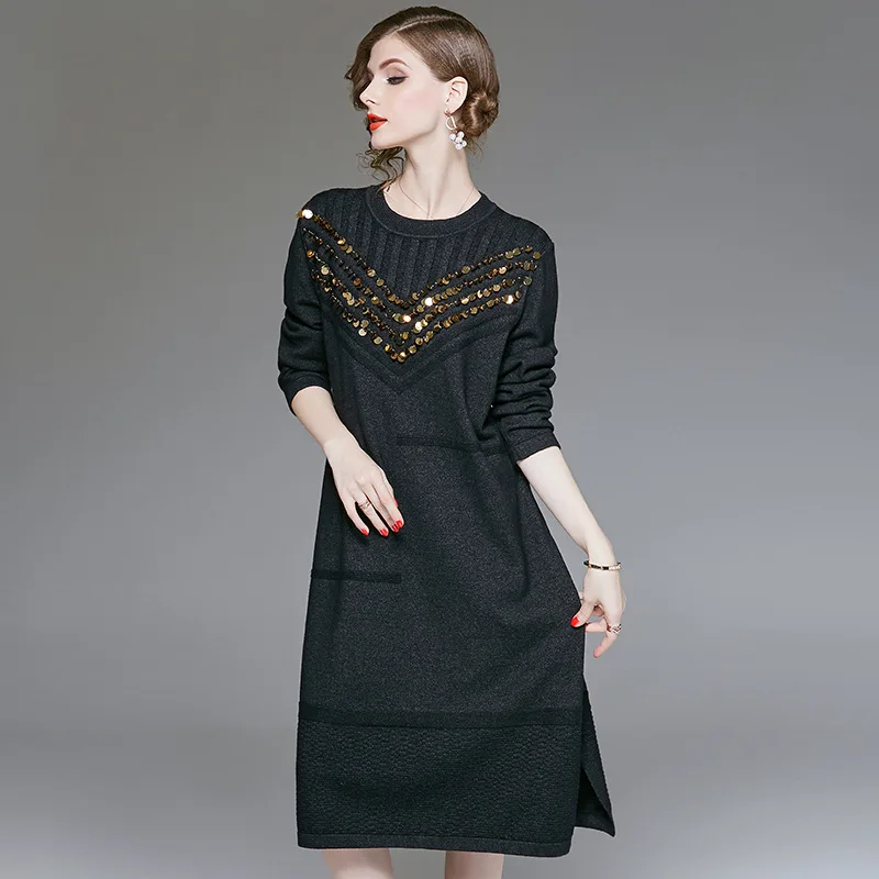 VERDEJULIAY Runway Women Knitted Dress Luxury Autumn Winter High Quality Full Sleeve Sequined Loose Long Dress Vestidos