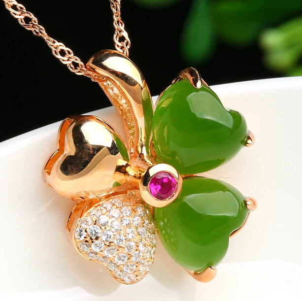 1026 + натуральный шпинат зеленая яшма клевер кулон нефрит и Тянь Yu 925 женский