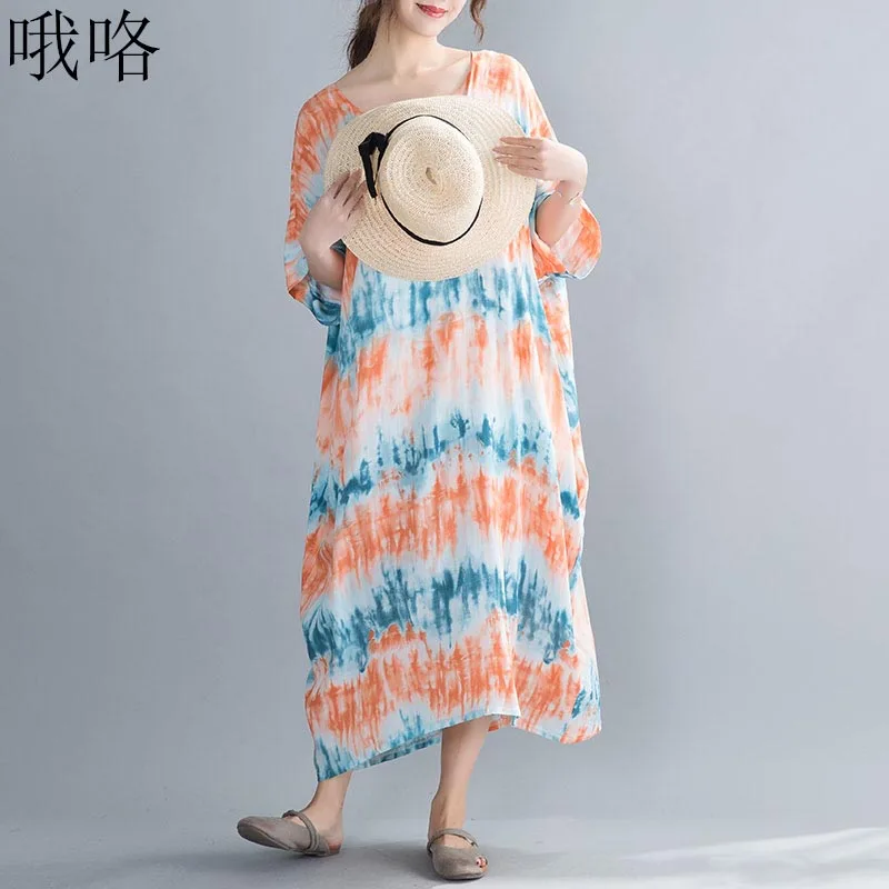 

Plus Size Cotton Linen Boho Beach Dresses For Women 2020 Summer Korean New Batwing Sleeve Tie Dye Dress Robe Femme 4XL 5XL 6XL