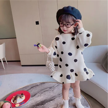 

Girls' Dresses 2020 Autumn And Winter New Printed Fashion Plus Fleece Sweater Long Sleeve Round Neck Pullover Sweater Dress
