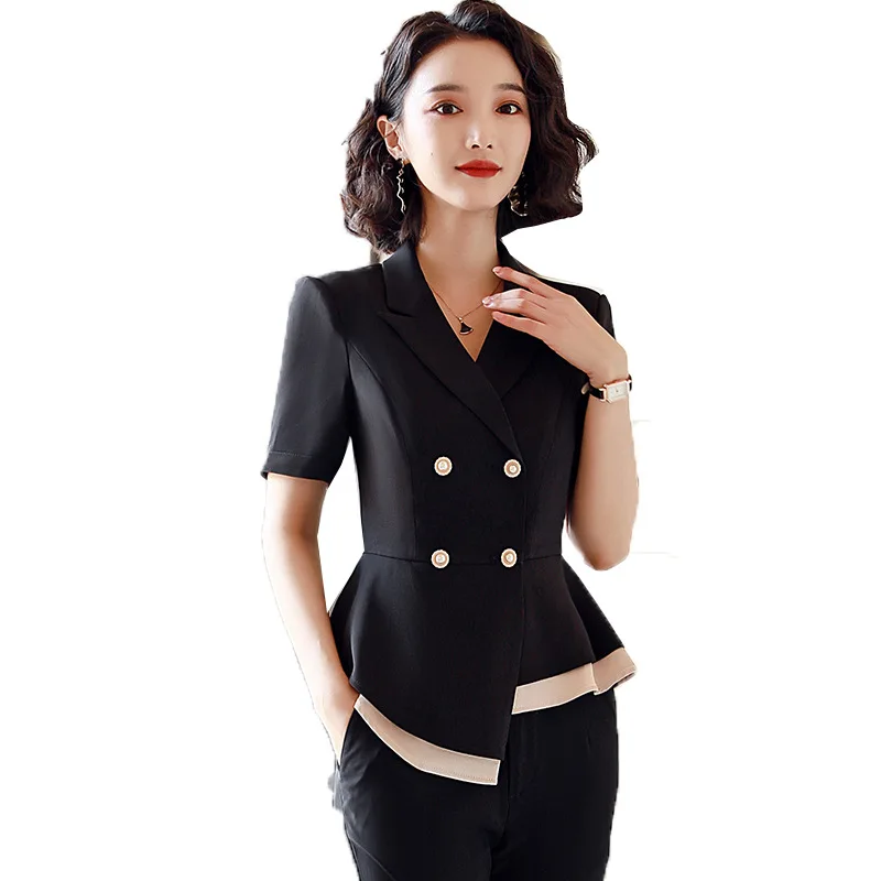 Black Formal Skirt Suits Women Business Work Jacket  Set Fashion Blazer Office Lady OL Female Clothing Short Sleeve 2 Piece Set