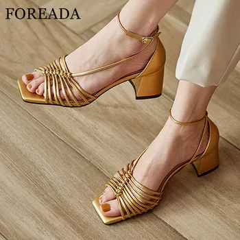 

FOREADA Woman Sandals Ankle Strap High Heels Narrow Band Thick Heel Shoes Fashion Square Toe Lady Sandals Summer Gold Sliver 40