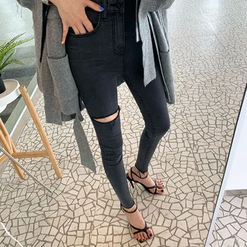 

Real shot 2019 Korean version of the fall new hole hole elastic high waist was thin nine points feet pants jeans