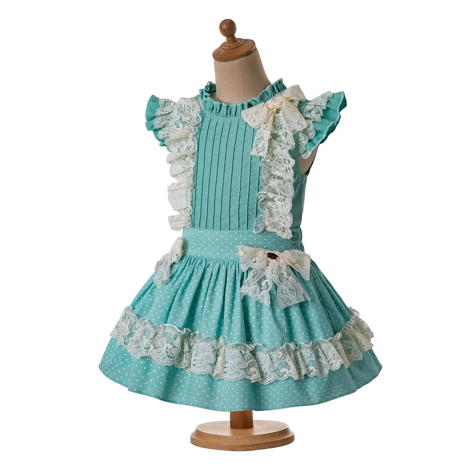 Cutestyles/летние вечерние комплекты одежды в горошек для девочек мятно-зеленого цвета, хлопковая рубашка с круглым воротником и цветочным принтом+ кружевная юбка и головной убор, EG-DMCS201-C138