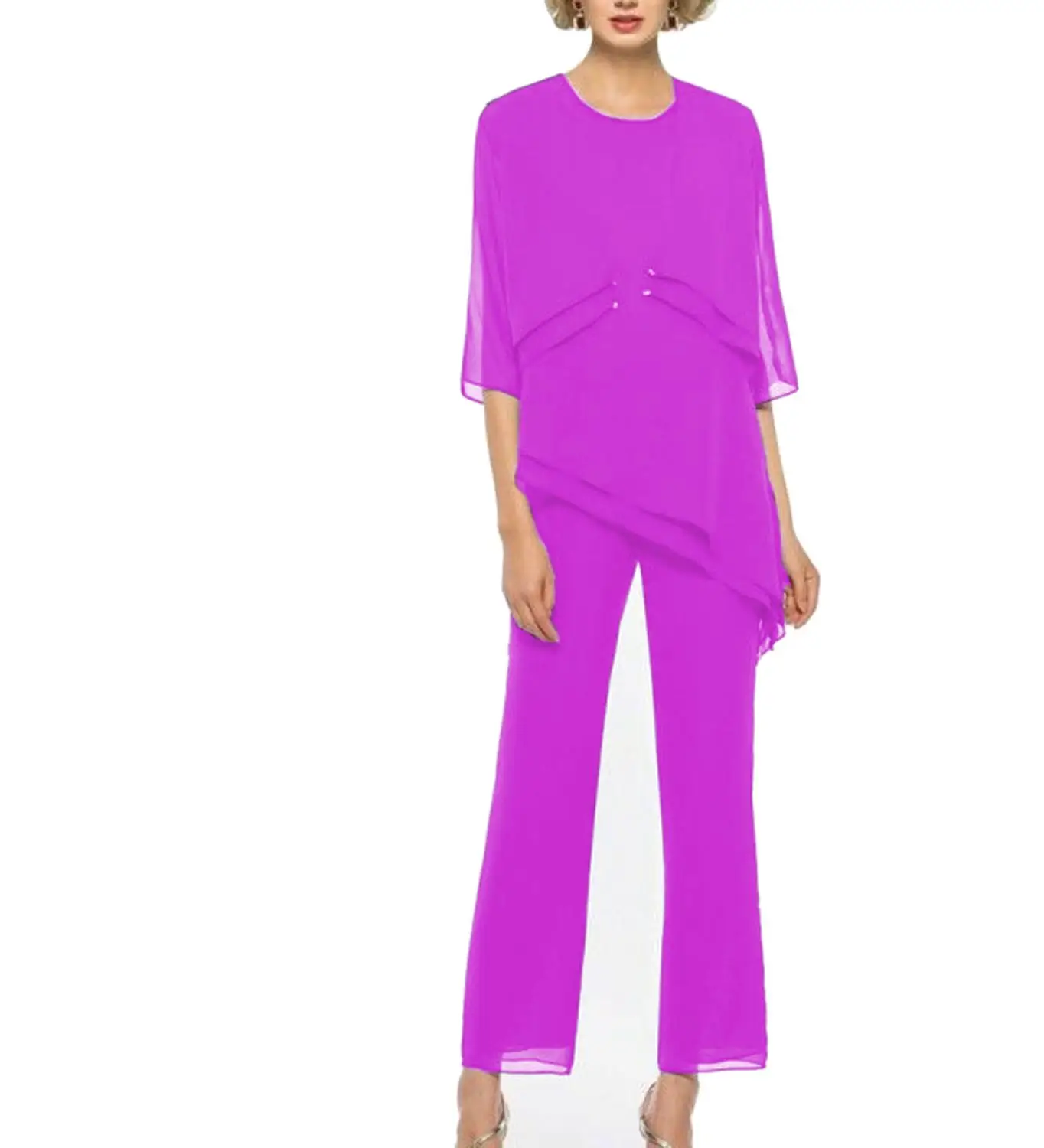 lilac Комплект из 3 предметов; модное многослойное шифоновое платье для матери невесты с кристаллами и фиолетовыми шифоновыми брюками; костюм с курткой; наряд с короткими рукавами для свадьбы - Цвет: lilac
