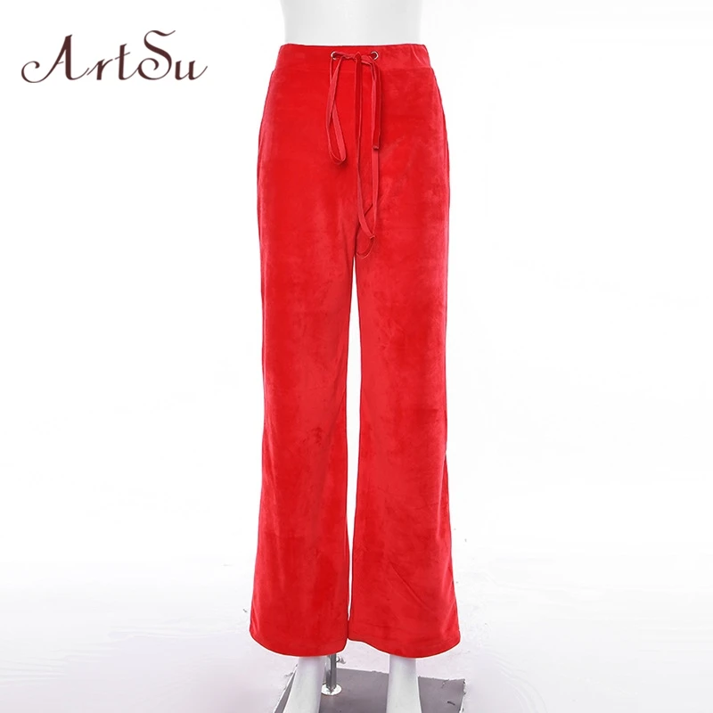 ArtSu осенние женские брюки, тренировочные брюки в повседневном стиле с высокой талией расклешенные брюки свободные женские брюки джоггеры Harajuku уличная ASPA20234 - Цвет: Красный