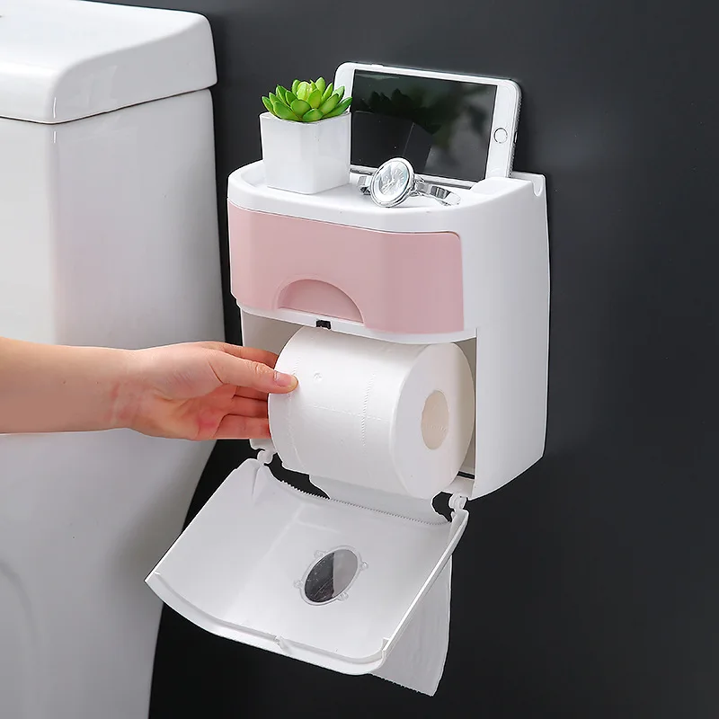 Toilet Tissue Box Toilet Paper Storage Shelf Hole Punched Waterproof Double Layer Tissue Box Creative Paper Extraction Box
