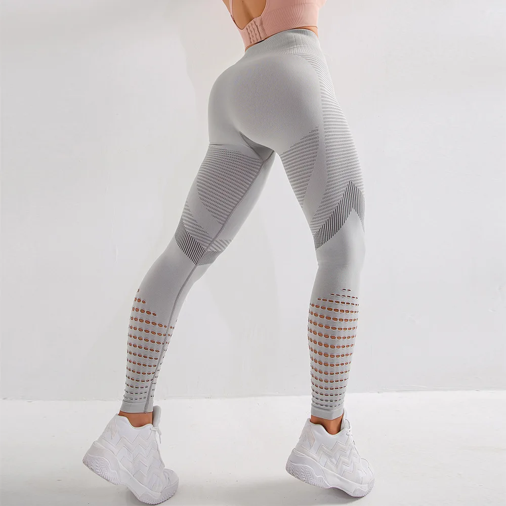 High Waist Fitness Gym Leggings Women Seamless Energy Tights Workout Running Activewear Yoga Pants Hollow Sport Trainning Wear - Цвет: Серый