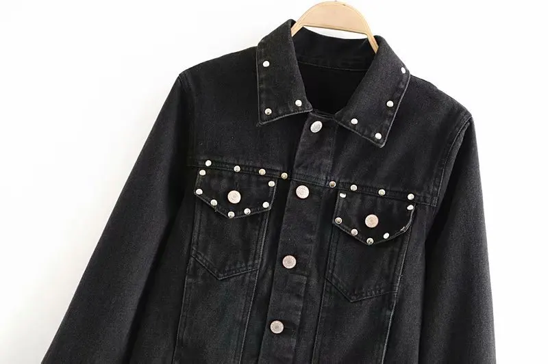 

27xy-8375 Europe And America WOMEN'S Dress 2019 Summer New Style Fold-down Collar Rivet Decoration Flash Cowboy Jacket